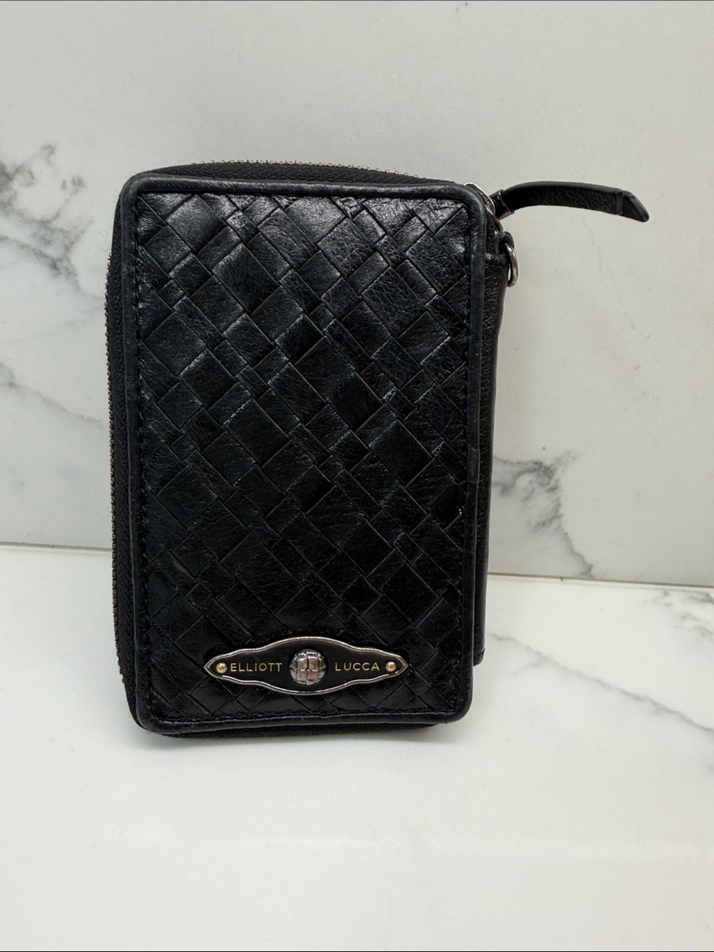 Elliott Lucca Black Woven Leather Zip Wallet with Logo Plaque